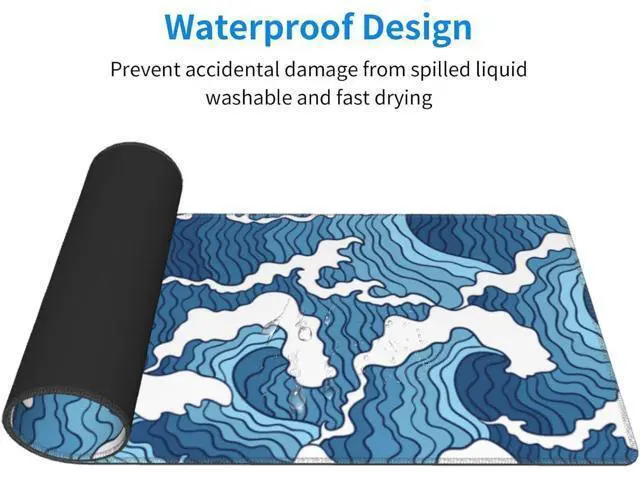 Alt view image 4 of 7 - Japanese Blue and White Wave Gaming Mouse Pad Extended Large Mouse Mat Desk Pad Stitched Edges Mousepad Long Non-Slip Rubber Base Mice Pad 31.5 X 11.8 Inch