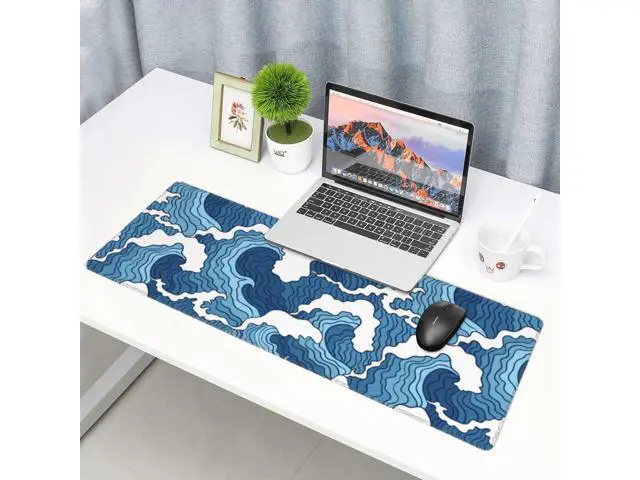 Alt view image 7 of 7 - Japanese Blue and White Wave Gaming Mouse Pad Extended Large Mouse Mat Desk Pad Stitched Edges Mousepad Long Non-Slip Rubber Base Mice Pad 31.5 X 11.8 Inch