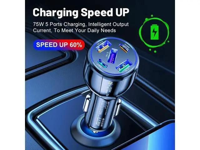 Alt view image 3 of 7 - 5 in 1 Car Charger Adapter,75W High Power Cigarette Lighter Adapter,QC3.0/PD Super Fast Charging Car Phone Charger Compatible with iPhone 14 13,iPad Pro& More Mobil Phone (3USB/2PD Black)