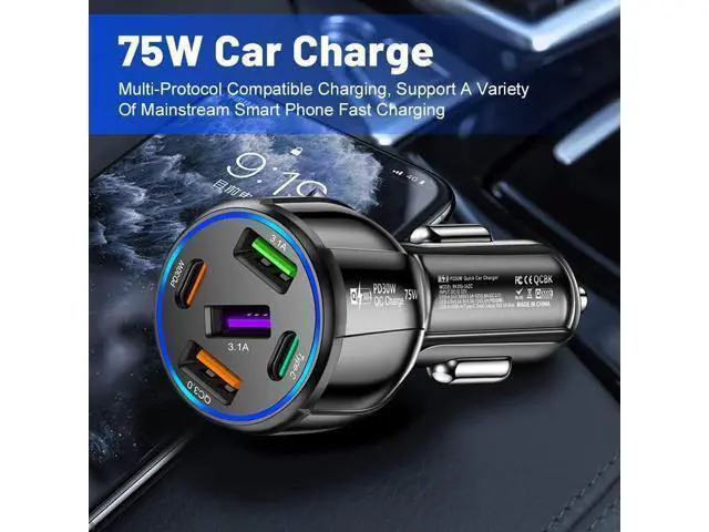 Alt view image 4 of 7 - 5 in 1 Car Charger Adapter,75W High Power Cigarette Lighter Adapter,QC3.0/PD Super Fast Charging Car Phone Charger Compatible with iPhone 14 13,iPad Pro& More Mobil Phone (3USB/2PD Black)