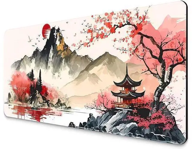Main image of Gaming Mouse Pad with Japanese Cherry Blossom Cool Extended Large Mousepad for Desk 31.5 x 11.8 in Non-Slip Base Stitched Edgesfor Gaming and Office Work Black and Red