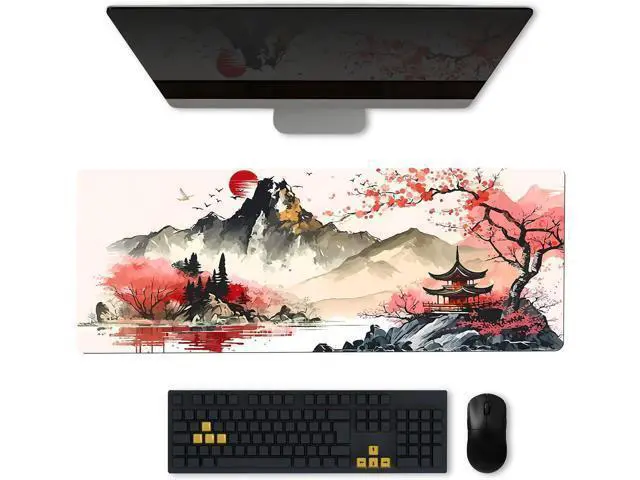 Alt view image 2 of 7 - Gaming Mouse Pad with Japanese Cherry Blossom Cool Extended Large Mousepad for Desk 31.5 x 11.8 in Non-Slip Base Stitched Edgesfor Gaming and Office Work Black and Red