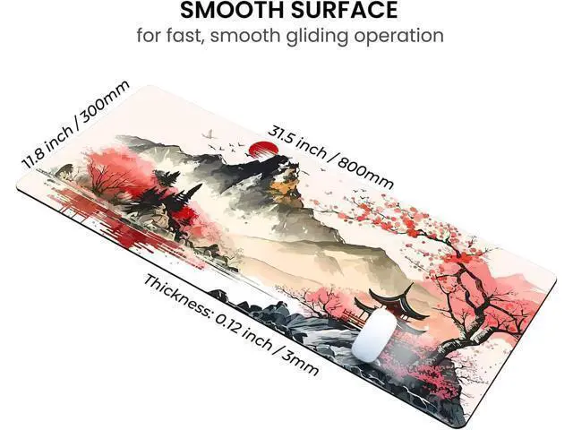 Alt view image 3 of 7 - Gaming Mouse Pad with Japanese Cherry Blossom Cool Extended Large Mousepad for Desk 31.5 x 11.8 in Non-Slip Base Stitched Edgesfor Gaming and Office Work Black and Red