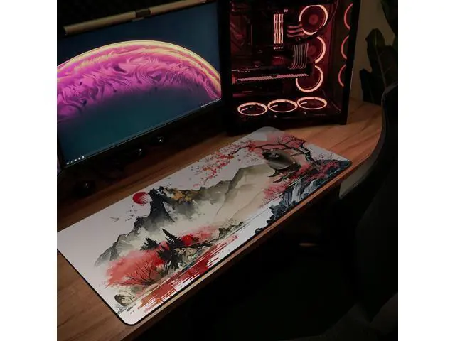 Alt view image 7 of 7 - Gaming Mouse Pad with Japanese Cherry Blossom Cool Extended Large Mousepad for Desk 31.5 x 11.8 in Non-Slip Base Stitched Edgesfor Gaming and Office Work Black and Red