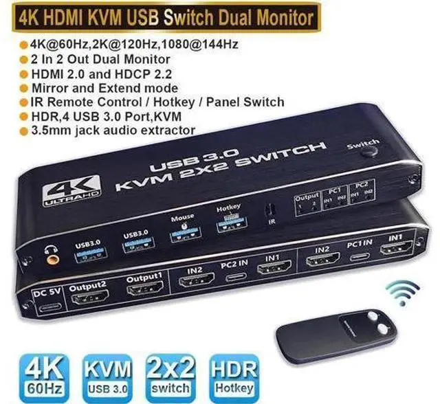 Main image of Dual Monitor HDMI KVM Switch 2 PCs 2 Monitors, 4K @60Hz HDMI KVM Switch 2 Port Extended Display, HDMI KVM Switch 2 in 2 Out with 3.5mm Audio, Support 4 USB 3.0 Share Keyboard Mouse Printer with Hotkey