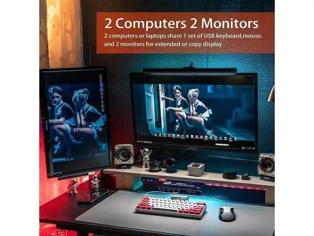 Alt view image 7 of 7 - Dual Monitor HDMI KVM Switch 2 PCs 2 Monitors, 4K @60Hz HDMI KVM Switch 2 Port Extended Display, HDMI KVM Switch 2 in 2 Out with 3.5mm Audio, Support 4 USB 3.0 Share Keyboard Mouse Printer with Hotkey