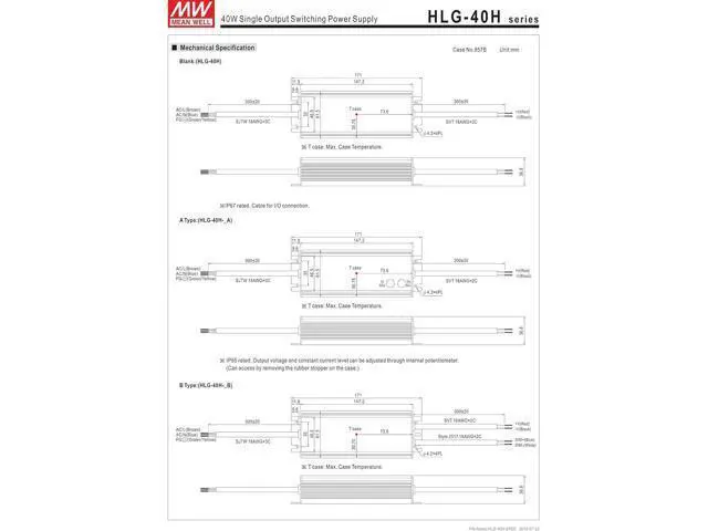 Alt view image 2 of 6 - MEAN WELL HLG-40H-12B Class 2 IP67 Enclosed Switching Power Supply, 12VDC, 3330 mA, 40 Watt