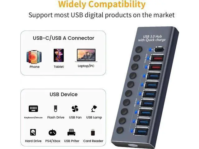Alt view image 2 of 7 - Powered USB Hub 3.0, Aluminum 10 Port USB 3.0 Data Hub Splitter with Smart Charging Ports and Individual On/Off Switches for Mouse, Keyboard, Hard Drive or More USB Devices