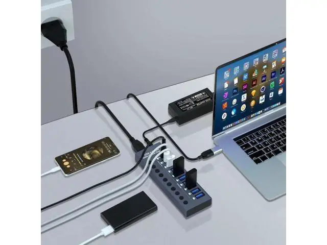 Alt view image 4 of 7 - Powered USB Hub 3.0, Aluminum 10 Port USB 3.0 Data Hub Splitter with Smart Charging Ports and Individual On/Off Switches for Mouse, Keyboard, Hard Drive or More USB Devices