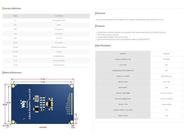 Alt view image 7 of 7 - 2.8inch 320×240 Pixels IPS LCD with 4-Wire Resistive Touch Screen SPI Communication Interface