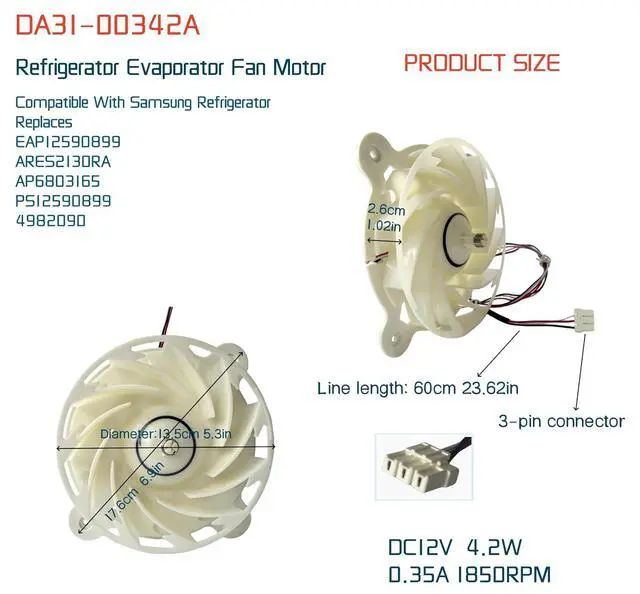 Alt view image 2 of 7 - Upgraded DA31-00342A Refrigerator Evaporator Fan Motor (OEM) for Samsung Refrigerator Replaces EAP12590899,4982090, ARES2130RA, AP6803165, PS12590899 2-Years Warranty
