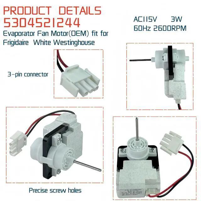 Alt view image 2 of 7 - 5304521244 Evaporator Fan Motor(OEM) fit for Frigidaire, White Westinghouse Replace 4960980, AP6888327, PS12724118 EAP12724118,AC115V, 3W 60Hz 2600RPM Evaporator Fan Motor
