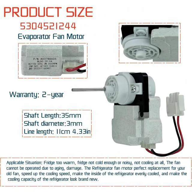 Alt view image 3 of 7 - 5304521244 Evaporator Fan Motor(OEM) fit for Frigidaire, White Westinghouse Replace 4960980, AP6888327, PS12724118 EAP12724118,AC115V, 3W 60Hz 2600RPM Evaporator Fan Motor