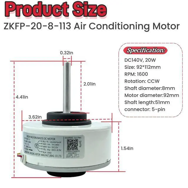 Alt view image 2 of 7 - Air Conditioning Motor ZKFP-20-8-113, Brushless DC Motor fit for Midea Conditioner, DC140V 20W 1600r/min CCW Air Conditioning DC Indoor Motor Fan