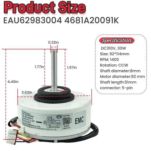 Alt view image 2 of 7 - Air Conditioner Fan Motor EAU62983004 4681A20091K RD-310-30-8E-2 SIC-41CVJ-F130-5, Inverter air Conditioner DC Motor fit for LG Inverter air Conditioner, DC310V 30W 0.14A CCW 1400RPM