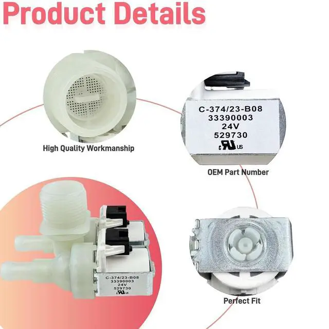 Alt view image 6 of 7 - 529730 Valve Inlet (OEM) fit for Fisher & Paykel Dishwasher, Replace 33390003, 522146,526850,AP6792087 Dishwasher Double Inlet Valve 24V