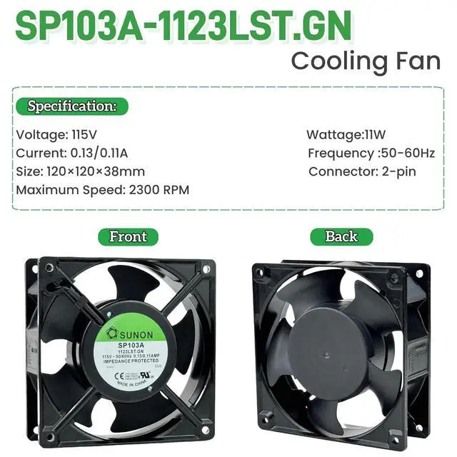 Alt view image 3 of 7 - for SUNON SP103A 1123LST.GN Cooling Fan,115V 50/60Hz 0.13/0.11AMP 12038 120×38mm Dual Ball Bearing Cooling Fan,2300RPM 2-pin Connector