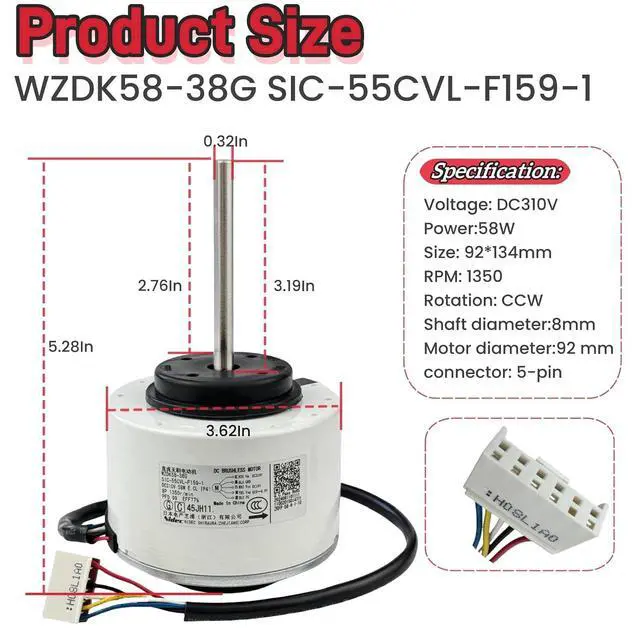 Alt view image 2 of 7 - Air Conditioning Motor WZDK58-38G SIC-55CVL-F159-1 DC Brushless Motor, 310V 58W 1350r/min CCW Inverter Air Conditioner Brushless DC Motor for air Conditioner