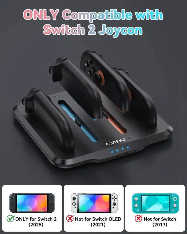 Alt view image 2 of 7 - ELUTENG Controller Charger Dock 4 in 1 Fast Charging Dock for Switch 2 Joy Con Ultra-Thin Design Portable Dual-Direction Magnetic Fast Charger Station with USB C Cable