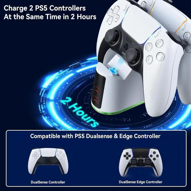 Alt view image 2 of 7 - ELUTENG PS5 Controller Charger Dual Controller Charging Stand for PlayStation 5 with LED Indicator, Fast Charging Dock for DualSense Charging Station, PS5 Accessories Kits with USB Cable, White