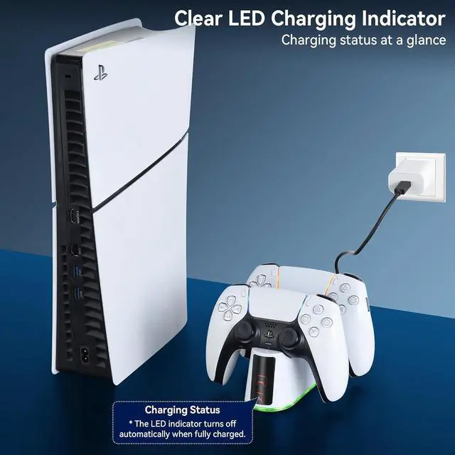 Alt view image 3 of 7 - ELUTENG PS5 Controller Charger Dual Controller Charging Stand for PlayStation 5 with LED Indicator, Fast Charging Dock for DualSense Charging Station, PS5 Accessories Kits with USB Cable, White