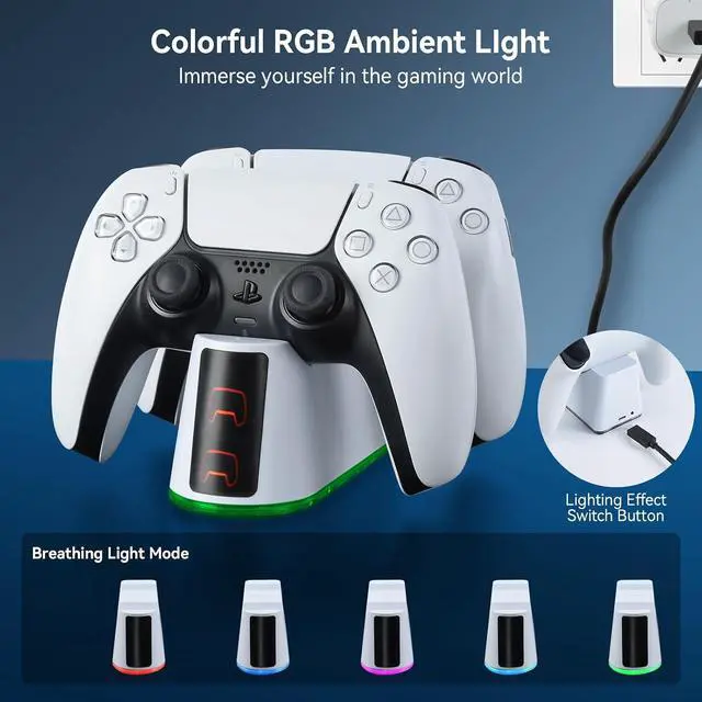 Alt view image 4 of 7 - ELUTENG PS5 Controller Charger Dual Controller Charging Stand for PlayStation 5 with LED Indicator, Fast Charging Dock for DualSense Charging Station, PS5 Accessories Kits with USB Cable, White