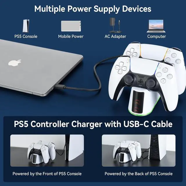 Alt view image 6 of 7 - ELUTENG PS5 Controller Charger Dual Controller Charging Stand for PlayStation 5 with LED Indicator, Fast Charging Dock for DualSense Charging Station, PS5 Accessories Kits with USB Cable, White
