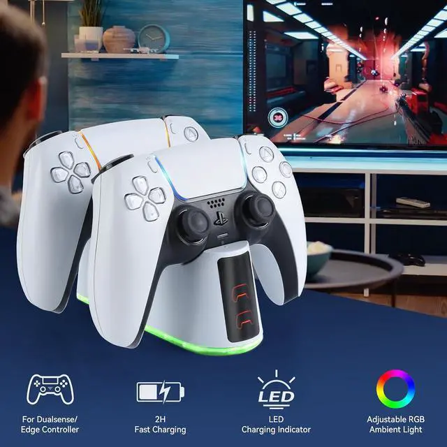 Alt view image 7 of 7 - ELUTENG PS5 Controller Charger Dual Controller Charging Stand for PlayStation 5 with LED Indicator, Fast Charging Dock for DualSense Charging Station, PS5 Accessories Kits with USB Cable, White