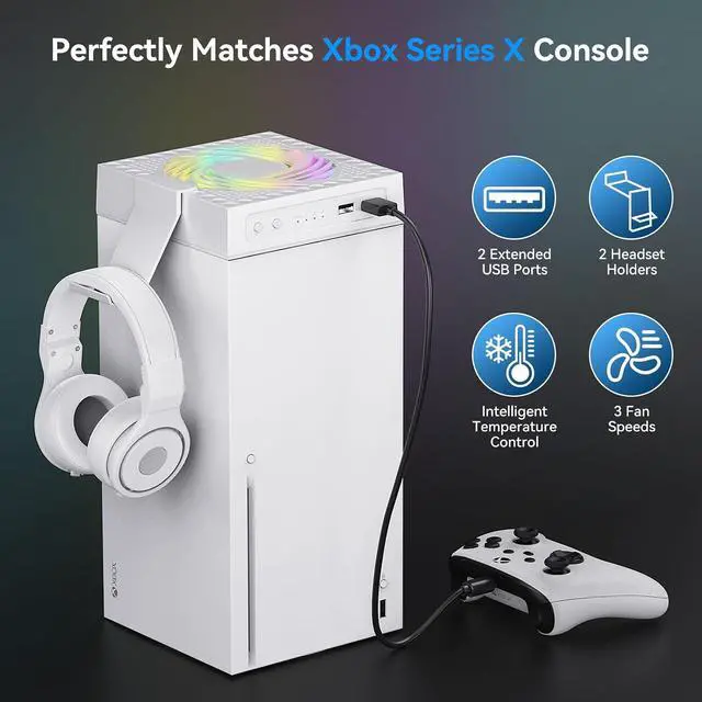 Alt view image 2 of 7 - ELUTENG Cooling Fan for Xbox Series X Low Noise 3 Adjustable Speed Fan Cooling System with Extra 2 USB Ports & 2 Controller Headphone Holders Cooler for Xbox Series X Accessories with RGB Light