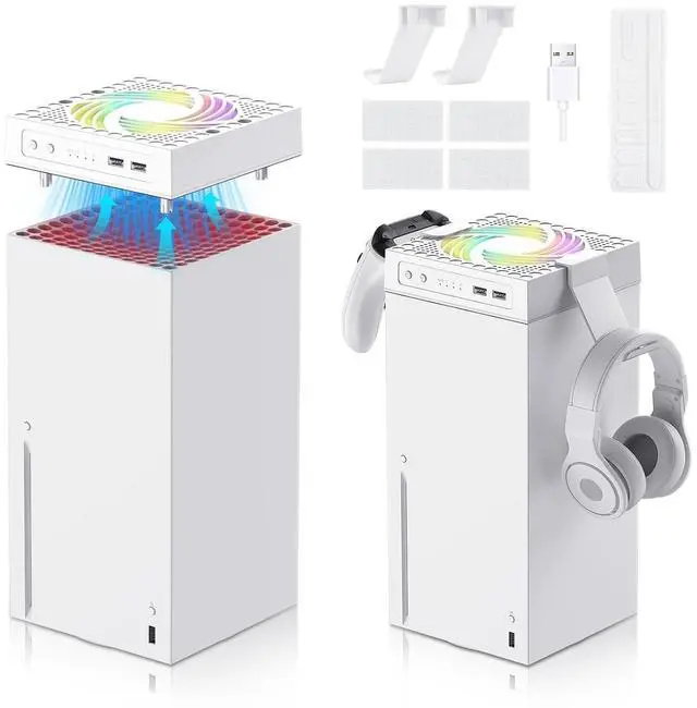 Main image of ELUTENG Cooling Fan for Xbox Series X Low Noise 3 Adjustable Speed Fan Cooling System with Extra 2 USB Ports & 2 Controller Headphone Holders Cooler for Xbox Series X Accessories with RGB Light