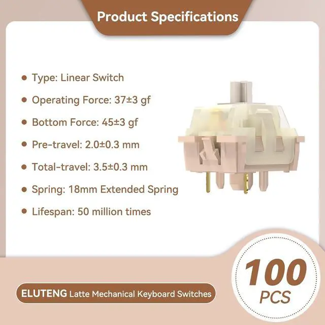 Alt view image 2 of 7 - ELUTENG Brown Mechanical Keyboard Switches 100 Pieces 48gf Tactile Switches for Gaming Mechanical Keyboards 5 Pins POM Stem Pre Lubed Key Switches Compatible with MX Keyboard