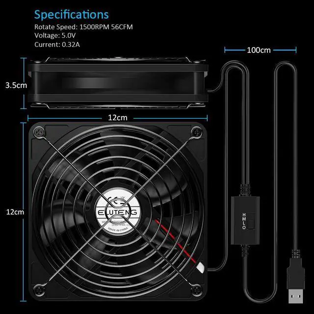 Alt view image 7 of 7 - ELUTENG Dual 120mm USB Fan with 3 Speeds 5V Ventilator Fan Portable Cooling Fan Rechargeable Compatible for Laptop Receiver DVR Playstation Xbox Desk Computer Cabinet Cooling