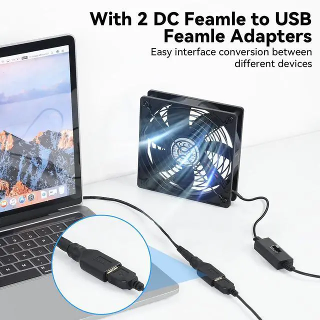 Alt view image 2 of 7 - ELUTENG 120mm USB Computer Fan, 5V PC Cooling Fan with 3 Adjustable Speeds & DC to USB Adapter, Metal Grill Fan for Laptop, PS5/PS4, TV Box, Router, AV Cabinet & Projector, Black