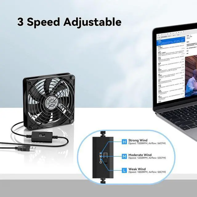 Alt view image 4 of 7 - ELUTENG 120mm USB Computer Fan, 5V PC Cooling Fan with 3 Adjustable Speeds & DC to USB Adapter, Metal Grill Fan for Laptop, PS5/PS4, TV Box, Router, AV Cabinet & Projector, Black