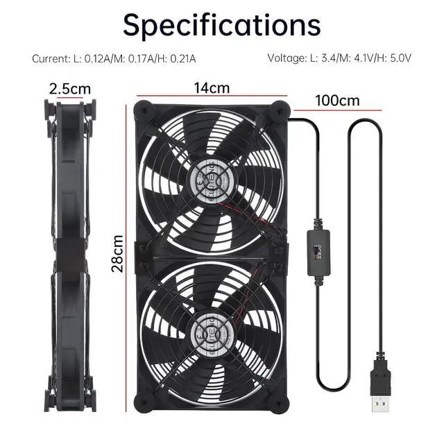 Alt view image 7 of 7 - ELUTENG Dual AC USB Computer Fan 140mm USB Fans for Cooling 3 Speed Control 12V Computer Fan with AC Plug for Laptop Receiver DVR PlayStation Xbox Desk Computer Cabinet Cooling