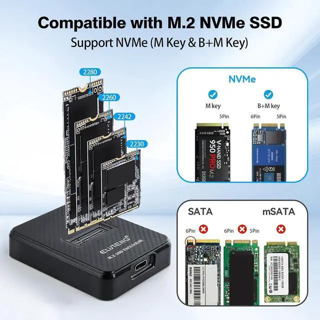 Alt view image 3 of 7 - ELUTENG M.2 NVMe SSD Docking Station, 10Gbps USB-C & USB-A PCIe SSD Reader, 2-in-1 Cable, B+M Key Compatible, Fits 2230/2242/2260/2280 SSD, No SATA/mSATA Support, Black