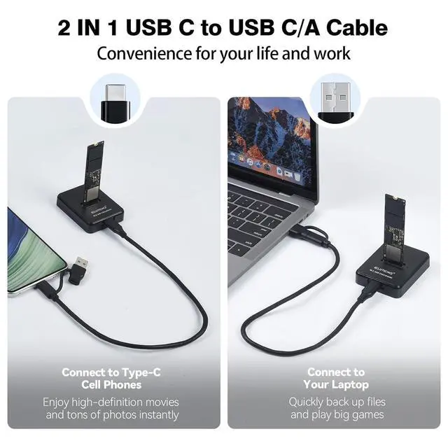 Alt view image 5 of 7 - ELUTENG M.2 NVMe SSD Docking Station, 10Gbps USB-C & USB-A PCIe SSD Reader, 2-in-1 Cable, B+M Key Compatible, Fits 2230/2242/2260/2280 SSD, No SATA/mSATA Support, Black