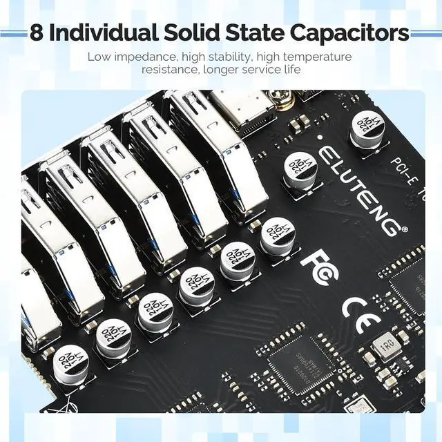 Alt view image 6 of 6 - ELUTENG PCIE USB 3.2 Card 8 Ports PCI Expree to USB C Expansion Card Superspeed 6 USB and 2 Type C PCI-e USB3 Hub Controller Adapter 3 Independent Power Module