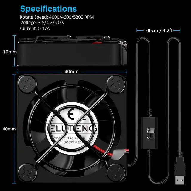 Alt view image 7 of 7 - ELUTENG 40mm USB Fan with 3 Speed Control USB Ventilator 5V Max 5300RPM High Flow VR Cooling Fan Compatible for Receiver DVR Playstation Xbox Computer Cabinet Cooling