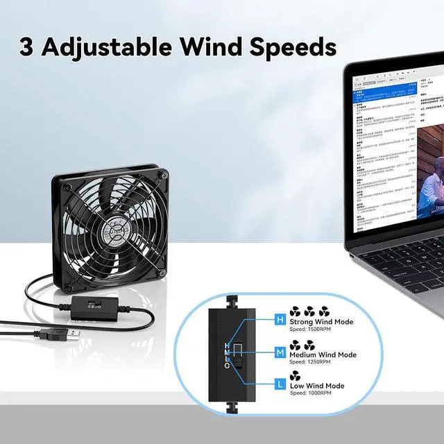 Alt view image 3 of 7 - ELUTENG 120mm USB PC Fan 5V with 3 Adjustable Speeds, Portable USB Computer Fan High Airflow Electronic Cooling Lüfter with USB Feamle to USBC Female Adapter for Laptop/TV Box/AV Cabinet/PS5/Router