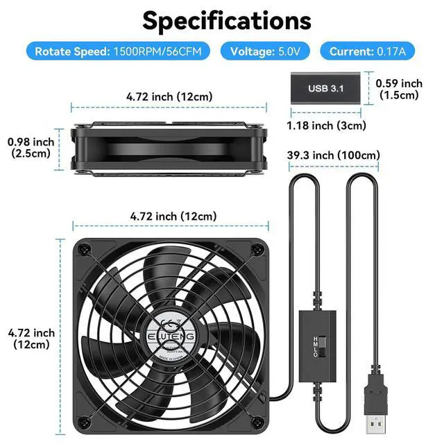 Alt view image 7 of 7 - ELUTENG 120mm USB PC Fan 5V with 3 Adjustable Speeds, Portable USB Computer Fan High Airflow Electronic Cooling Lüfter with USB Feamle to USBC Female Adapter for Laptop/TV Box/AV Cabinet/PS5/Router
