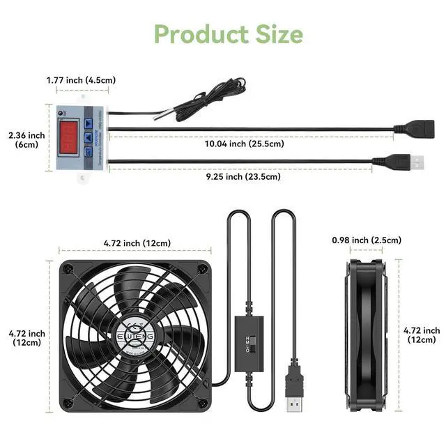 Alt view image 7 of 7 - ELUTENG USB Fan 120mm with Digital Temperature Controller, 5V USB Powered PC Computer Fan 1500RPM 3 Adjustable Speeds Electronic Cooling Lufter with Metal Grill for Laptop/TV Box/AV Cabinet/PS5/Router