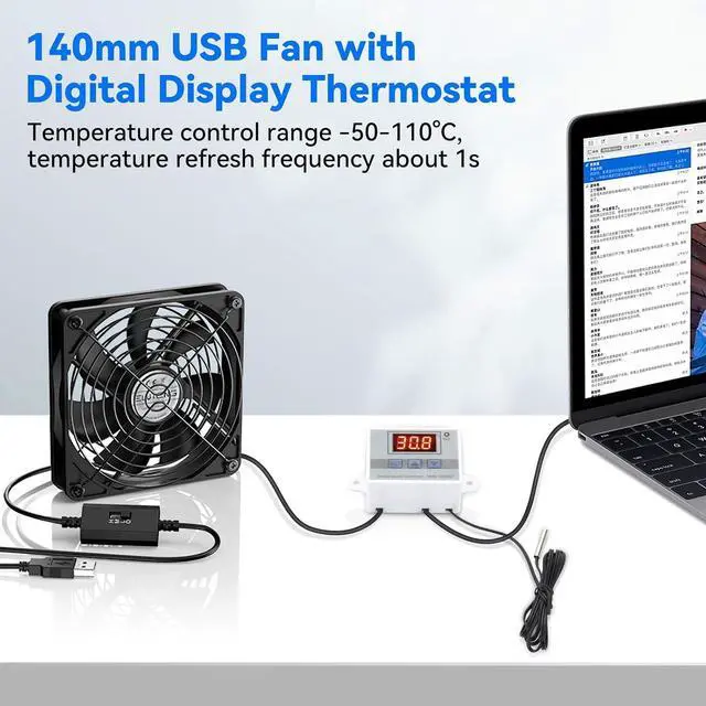Alt view image 3 of 7 - ELUTENG USB Fan 140mm with Digital Temperature Controller, 5V USB Powered PC Computer Fan 1500RPM 3 Adjustable Speeds Electronic Cooling Lufter with Metal Grill for Laptop/TV Box/AV Cabinet/PS5/Router