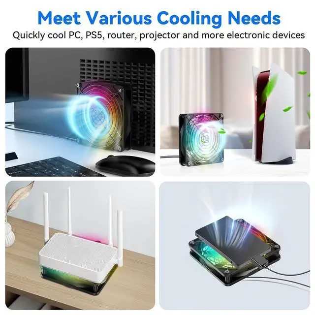 Alt view image 6 of 7 - ELUTENG USB Computer Cooling Fan with 7 Color RGB Lighting, 3 Speed Controller 1100/1300/1500 RPM Small Exhaust Fan High Airflow Cooling Fan for Router Modem Receiver DVR PlayStation Xbox TV Box
