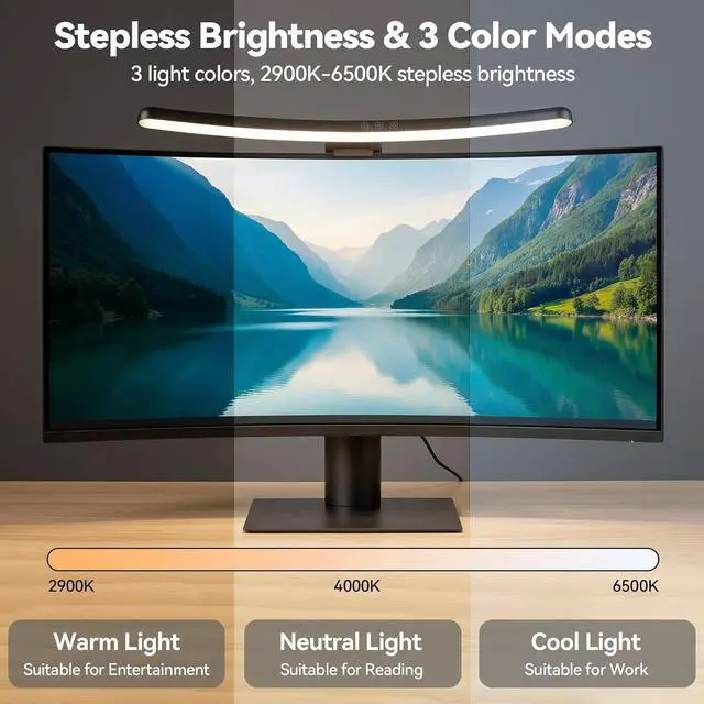 Alt view image 2 of 7 - ELUTENG Curved Monitor Light Bar, Black, 27-34 Inch PC Screen Lamp 15 RGB | Foldable Dual Light Stepless Dimmable Brightness & Color Temperature, Anti-Glare Desk Lamp for Gaming Office Home