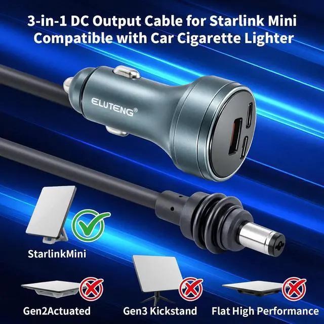 Alt view image 2 of 7 - ELUTENG Starlink Mini DC Power Cable 10FT/3M, 12V-24V Car Cigarette Lighter Adapter, 18AWG Waterproof DC Cord, Starlink Mini Replacement Accessories