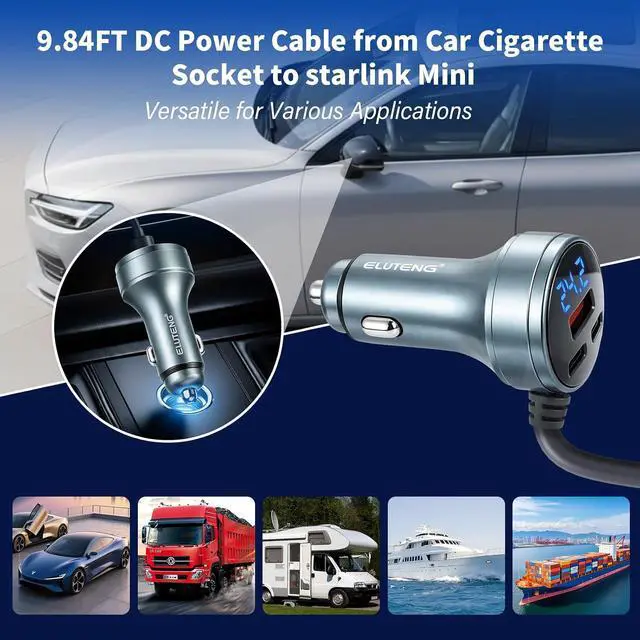 Alt view image 3 of 7 - ELUTENG Starlink Mini DC Power Cable 10FT/3M, 12V-24V Car Cigarette Lighter Adapter, 18AWG Waterproof DC Cord, Starlink Mini Replacement Accessories