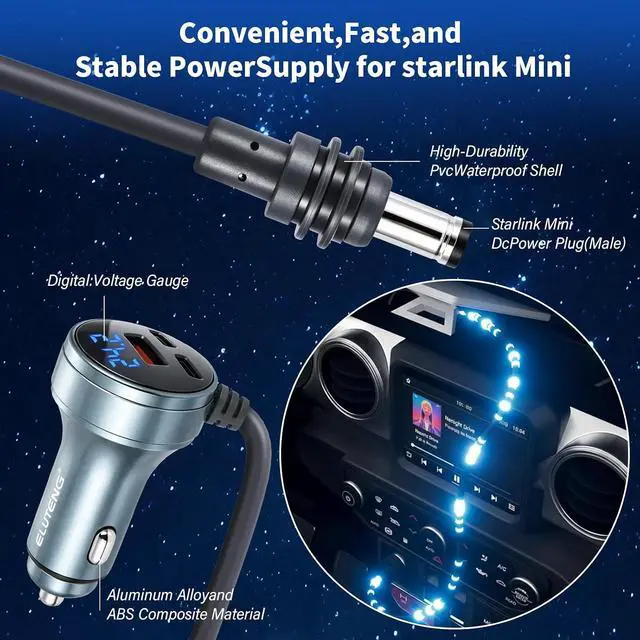 Alt view image 4 of 7 - ELUTENG Starlink Mini DC Power Cable 10FT/3M, 12V-24V Car Cigarette Lighter Adapter, 18AWG Waterproof DC Cord, Starlink Mini Replacement Accessories