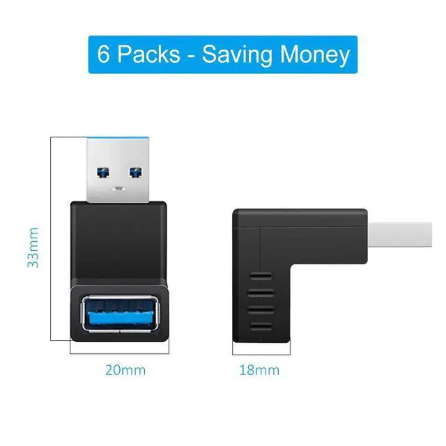Alt view image 7 of 7 - ELUTENG 90 Degree USB 3.0 Adapter 6 Pack - Right Angle Male to Female Up/Down/Left/Right Connector - L Shaped Extension for PC, Laptop, Charger and More