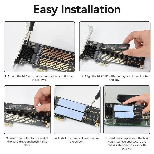Alt view image 7 of 7 - ELUTENG Dual M.2 NVMe to PCIe Adapter with Heat Sink - M-Key B&M Key 2230/2242/2260/2280 SSD NVMe PCIe Card - Low Profile Bracket - Supports PCI-Express X1/X4/X8/X16 Slots